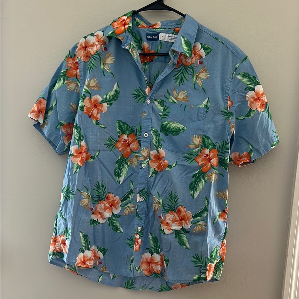 Old Navy Men’s Blue and Green Casual Floral Print Button Down Shirt